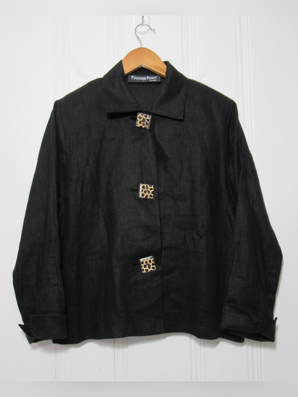 Painted Pony Black Linen Jacket with Decorative Statement Buttons Size Medium